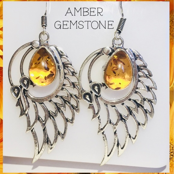 Beautiful Amber Gemstone 925 Silver Angel Wings Dangle Drop Earrings - Picture 3 of 6